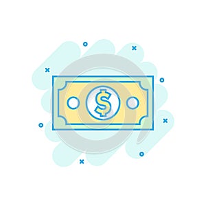 Dollar currency banknote icon in comic style. Dollar cash vector cartoon illustration pictogram. Banknote bill business concept