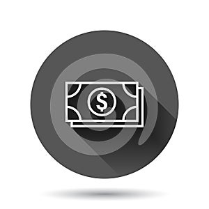 Dollar currency banknote icon in flat style. Dollar cash vector illustration on black round background with long shadow effect.