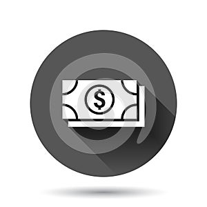 Dollar currency banknote icon in flat style. Dollar cash vector illustration on black round background with long shadow effect.
