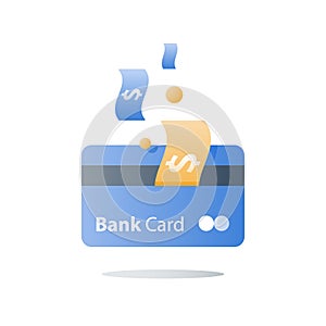 Dollar currency and credit card, payment method, bank services, cash back, financial solution, deposit and withdraw
