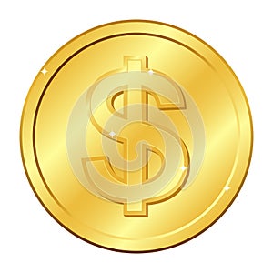 Dollar currency gold coin. Vector illustration isolated on white background. Editable elements and glare.