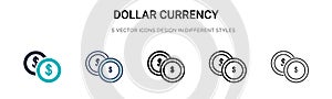 Dollar currency icon in filled, thin line, outline and stroke style. Vector illustration of two colored and black dollar currency