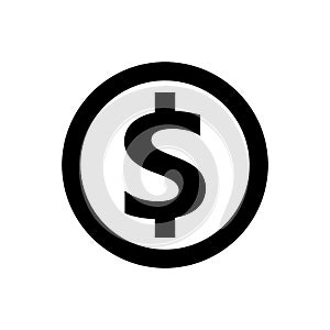 Dollar currency icon isolated on white, coin dollar money black white for icon, dollar money symbol in circle coin shape, flat