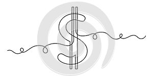 Dollar currency, one line art, continuous contour drawing,hand-drawn icon for business, minimalist design.Financial valuta sign,