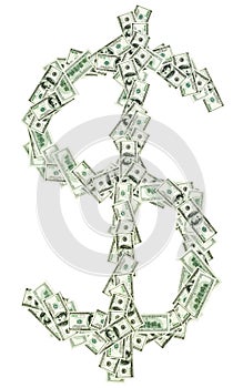 Dollar currency sign $ shaped with usd banknotes