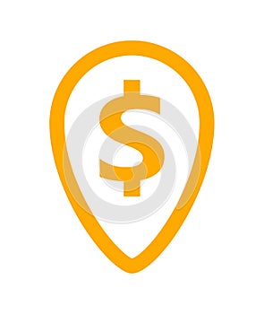 Dollar currency symbol in pin point for icon, coin dollar money yellow orange, dollar money symbol in pointer pin shape, dollar