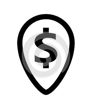 Dollar currency symbol in pin point for icon, dollar money black icon, dollar money symbol in pointer pin shape, dollar currency