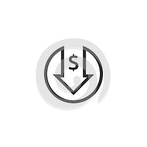 dollar decrease icon. Money symbol with arrow stretching rising drop fall down. Business cost reduction icon. vector illustration.