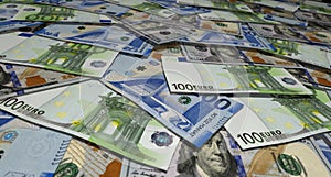 Dollar Euro Azerbaijan manat banknotes flying over money surface