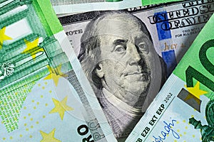 Dollar and euro banknotes close upExchange rates on the worlds stock exchanges, cross currency rates, Financial and economic news