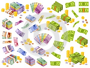 Dollar and euro banknotes. Isometric cash money, various currencies dollars and euros bundles and coins 3d financial