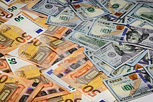 Dollar and euro Closeup Concept. Dollar and euro Cash Money. Banknotes. Cash of Dollar and euro bills, money background.6