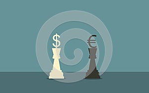 Dollar and euro currencies chess in flat icon design on blue color background