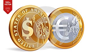 Dollar. Euro. 3D isometric Physical golden coins with Dollar and Euro symbol. American money. European money. Vector illustration.