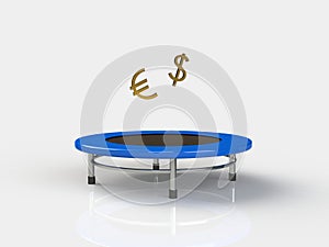 Dollar,euro Jumping on a trampoline on a white background photo