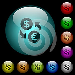 Dollar Euro money exchange icons in color illuminated glass buttons