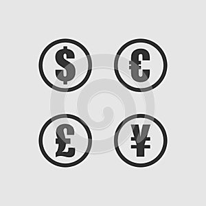 Dollar, Euro, Pound and Yen currency icons. USD, EUR, GBP and JPY money sign symbols. Black icons isolated on gray background.