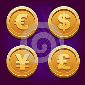 Dollar, Euro, Pound and Yen, gold coins