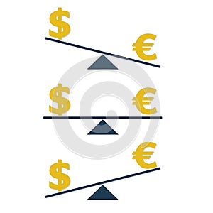 Dollar and euro on scales. Currency symbols and money infographics elements. Vector illustration isolated on white background