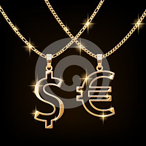 Dollar and euro sign jewelry necklace on golden chain