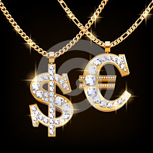 Dollar and euro sign jewelry necklace on golden chain