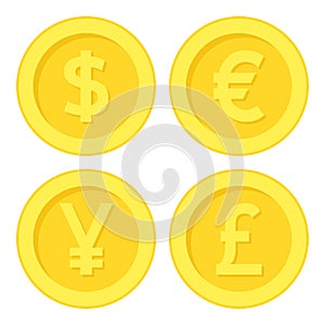 Dollar Euro Yen Pound Golden Coin Flat Icon photo