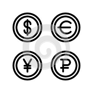 Dollar euro yen yuan ruble symbol currency money simple flat style icon