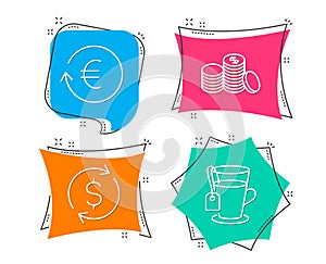 Dollar exchange, Exchange currency and Banking money icons. Tea sign. Banking rates, Cash finance, Glass mug.