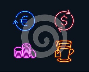 Dollar exchange, Exchange currency and Banking money icons. Tea sign. Banking rates, Cash finance, Glass mug.