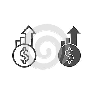 Dollar exchange increase line and solid icon. Coin with currency rate growth arrows symbol, outline style pictogram on