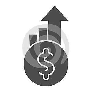 Dollar exchange increase solid icon. Coin with currency rate growth arrows symbol, glyph style pictogram on white