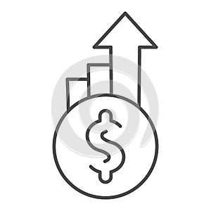 Dollar exchange increase thin line icon. Coin with currency rate growth arrows symbol, outline style pictogram on white