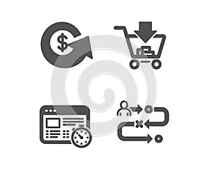Dollar exchange, Web timer and Shopping icons. Journey path sign. Money refund, Online test, Add to cart. Vector