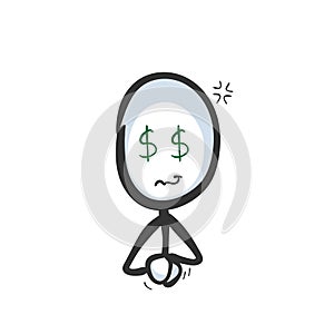 Dollar eyes greedy man. Vector simple want money, jealous materialistic person. Stickman cartoon clipart. Hand drawn. Doodle