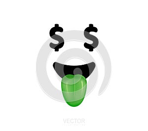 Dollar eyes. Money face with green tongue. 3d stylized vector icon