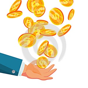 Dollar Falling To Business Hand Vector. Flat, Cartoon Gold Coins Illustration. Finance Coin Design. Currency Isolated