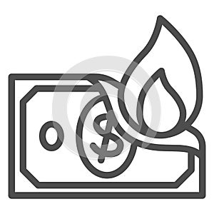 Dollar in fire line icon, Financial crisis concept, dollar banknote is burning sign on white background, Money burn icon