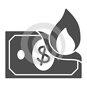 Dollar in fire solid icon, Financial crisis concept, dollar banknote is burning sign on white background, Money burn