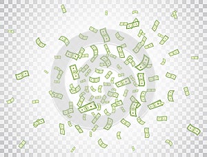 Dollar flying on transparent background. Banknotes icon explosion. Money in a flat style. Cartoon cash sign. Currency