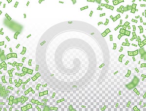 Dollar frame. Banknotes falling on transparent background. Dollars icon explosion. Money in a flat style. Cash sign