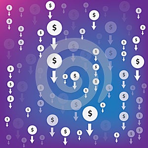 Dollar going down with arrow sign.