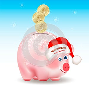 Dollar gold coins falling into money pig bank. Merry Christmas and Happy New Year congratulation on Santa Claus red hat. Conceptua