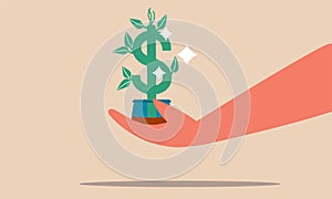 Dollar green plant on hand and money profit income. Investment rich and return earnings vector illustration concept. Financial