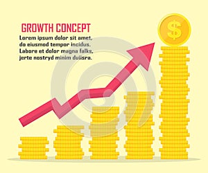 Dollar growth concept. Dollar revenue illustration. Stacks of gold coins like income graph with dollar