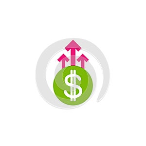 Dollar growth vector icon. White dollar sign in blue circle with three up arrows. Flat icon. Isolated on white