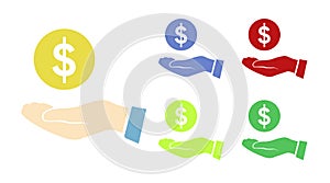 Dollar in a Hand Icon Set. Vector isolated flat editable