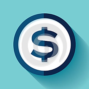 Dollar icon in flat style, coin on blue background. Business element. Vector design object for you project