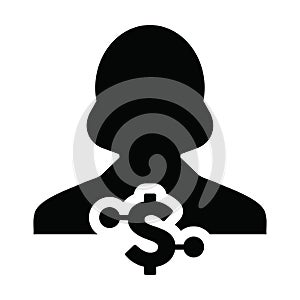 Dollar icon vector digital money symbol with female user person profile avatar for wallet in a glyph pictogram