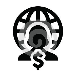 Dollar icon vector globe sign with female person profile avatar symbol for a business network in a flat color glyph pictogram