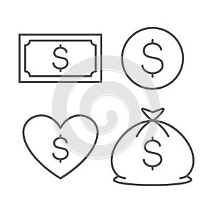 Dollar icons set. Currency sign. Money cash isolated on background. Coin, bag and note. Love of wealth